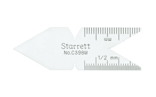 The Starrett Satin Chrome Center Gage is very handy for use in grinding & setting screw cutting tools. Graduations on C398M are in mm and 1/2mm Metric Standard, 60 Deg 1/2mm.  Made in USA.