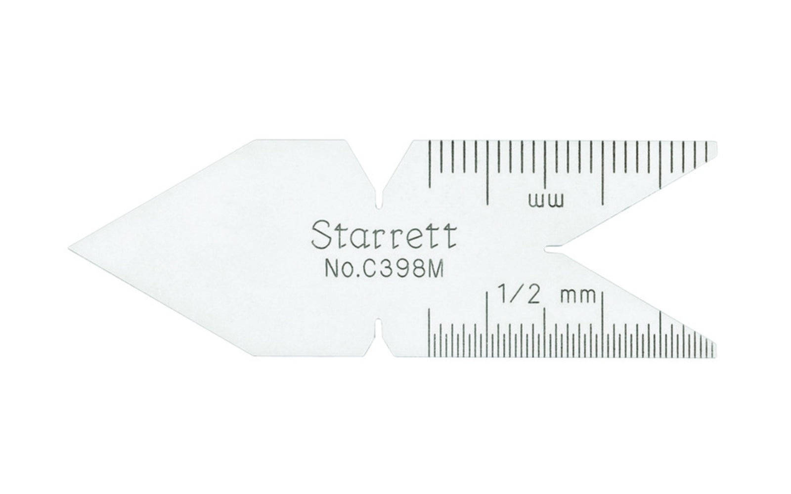 The Starrett Satin Chrome Center Gage is very handy for use in grinding & setting screw cutting tools. Graduations on C398M are in mm and 1/2mm Metric Standard, 60 Deg 1/2mm.  Made in USA.