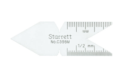 The Starrett Satin Chrome Center Gage is very handy for use in grinding & setting screw cutting tools. Graduations on C398M are in mm and 1/2mm Metric Standard, 60 Deg 1/2mm.  Made in USA.