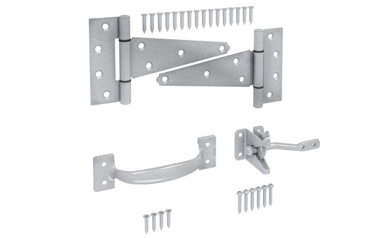 This galvanized steel gate kit is used for a variety of installations including doors & gates. Includes (1) gate latch, (2) T-hinges, (1) pull, & mounting hardware. For exterior applications. WeatherGuard Protection to withstand harsh weather conditions & prevent corrosion. National Hardware Catalog Model No. N166-008.