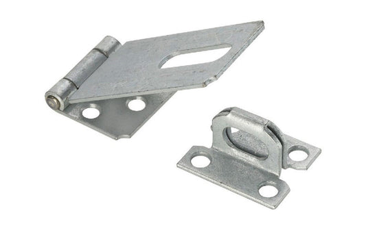 3-1/4" galvanized coated steel safety hasp is designed to secure a wide variety of cabinets, small doors, boxes, trunks. Includes a rigid, non-swivel staple. For security, all screws are concealed when hasp is closed. Manufactured from hot rolled steel for durability.  National Hardware Model N102-749. 038613102743. 