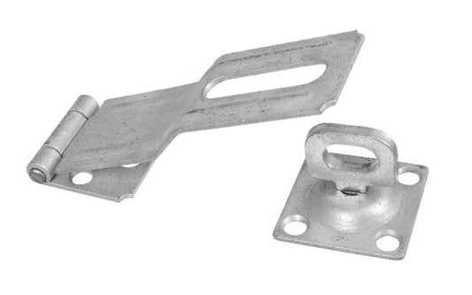 4-1/2" galvanized coated steel safety hasp is designed to secure a wide variety of cabinets, small doors, boxes, trunks. Includes a swivel staple. For security, all screws are concealed when hasp is closed. Manufactured from hot rolled steel for durability.  National Hardware Model N103-069. 038613103061. 