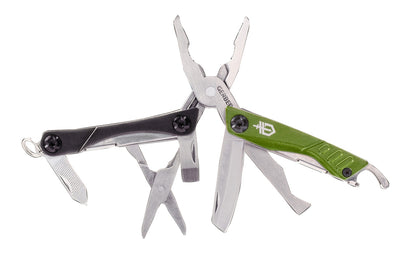 Gerber Dime 12-Tool Multi-Plier. Dime Micro tool features: Needle nose spring-loaded pliers, wire cutter, fine edge blade, retail package opener, scissors, medium flat driver, crosshead driver, bottle opener, tweezers, & file. Compact & lightweight. Overall length: 4-1/4" Closed length: 2-3/4"
