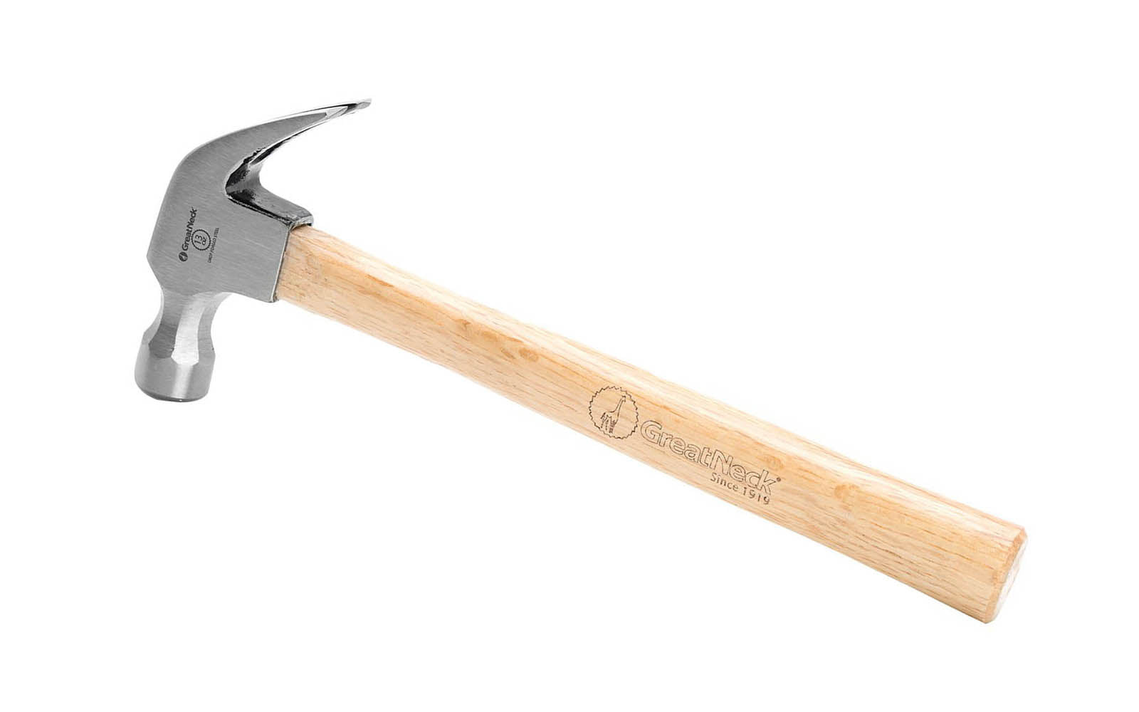 GreatNeck wood curved claw hammer provides leverage for removing nails from wood as well as other light duty work. Hammer is ideal for a carpenter, contractor, or handyman. Drop forged steel head for strength & durability with a clear coat to protect against rust. Wood handle. Great Neck Model M13C. Smooth Face