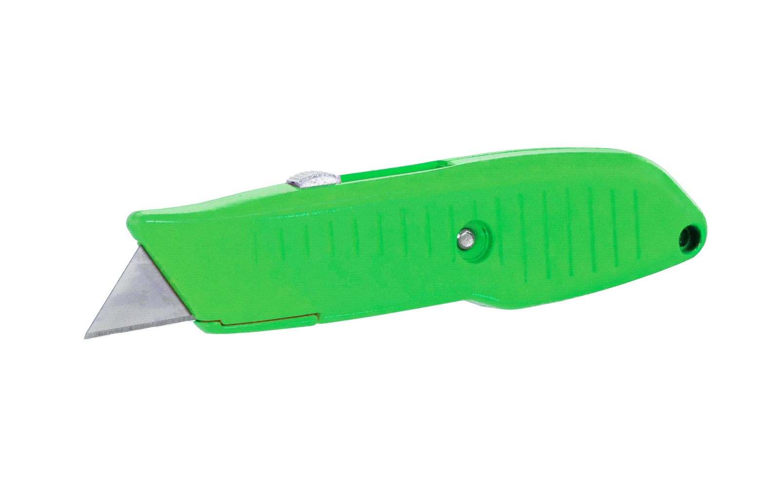 Lutz #82 Retractable Utility Knife in a green color. Die cast body from zinc for strength & durability. Etched ribs for a good grip. Metal utility knife with built zinc retractor for smooth operation in three cutting positions. Blade storage inside knife. Takes heavy duty utility knife blades. 052427382030. Model 82