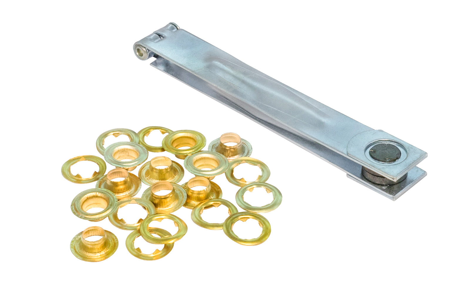 A basic simple economical grommet kit - Punch & 10 brass plated steel grommet sets. 3/8" size grommets. Model N-58. 083114558001