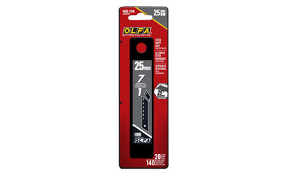 Olfa "HBB-20B" 25 mm Replacement Black Blades - 20 Pack. These blades have an exceptional razor-sharp edge. 25 mm (1") wide blade - Extra heavy duty snap-off blade. Premium black blade Japanese carbon tool steel coupled in a double-honed blade provide 25% more sharpness. 091511501278. Olfa Model HBB-20B. Made in Japan