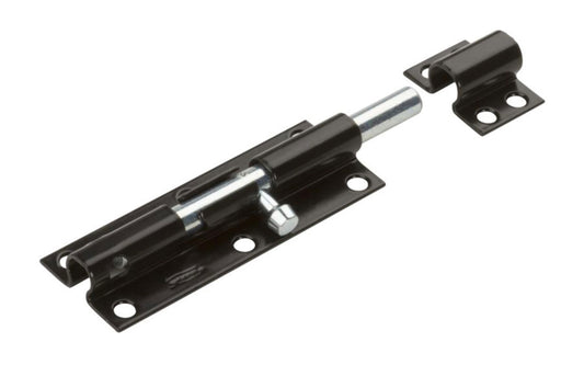 This 6" Black Finish Heavy Duty Barrel Bolt is designed for security applications such as on doors, gates, storage sheds, & utility cabinets, etc. Can be secured with a padlock. Use on vertical, horizontal, left or right hand applications. 6" width x 1-5/8" height. National Hardware Model No. N152-126. 886780005240