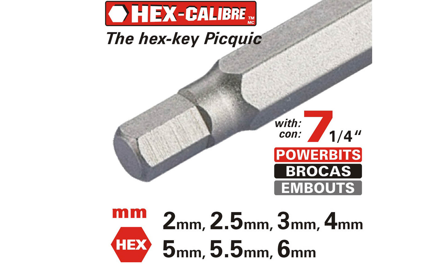 Picquic Model 88153 - Metric "Hex Calibre" with a solid handle for comfort & torque, & has no moving parts. Bits included: 2 mm, 2.5 mm, 3 mm, 4 mm, 5 mm, 5.5 mm, 6 mm size hex bits. Picquic TrueTorx Multi-Bit screwdriver with bit storage in handle. 57369881009. magnetic rare earth magnet holds the working bit in shank