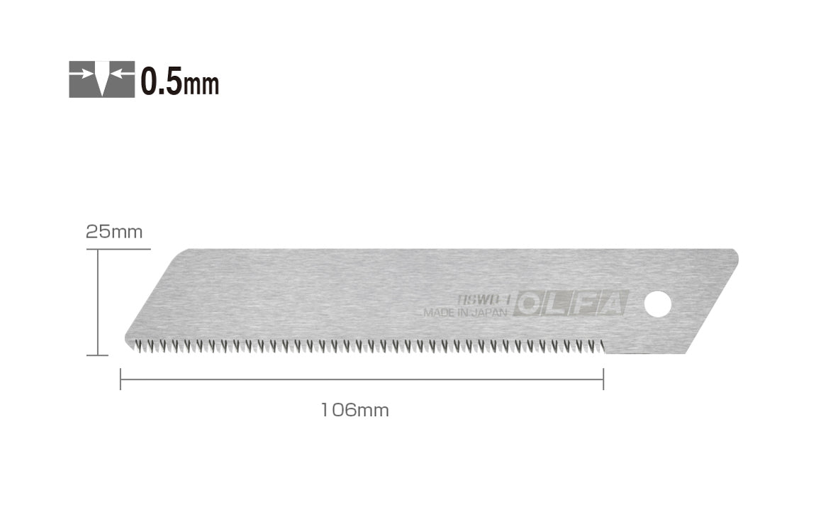 Olfa "HSWB-1/1B" 25 mm Replacement Saw Blade with serrated tooth edge. 25 mm (1") blades are crafted from premium Japanese carbon tool steel for long-lasting sharpness with teeth that will stand up to plastics, wood, & more. Olfa Serrated Saw Knife Blade. 091511610581. Model HSWB-1/1B. Made in Japan