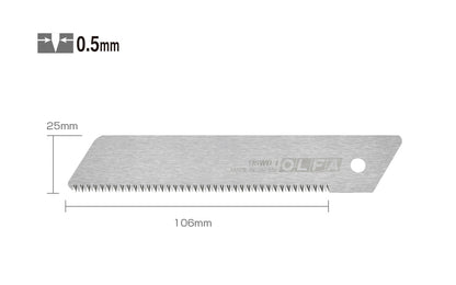 Olfa "HSWB-1/1B" 25 mm Replacement Saw Blade with serrated tooth edge. 25 mm (1") blades are crafted from premium Japanese carbon tool steel for long-lasting sharpness with teeth that will stand up to plastics, wood, & more. Olfa Serrated Saw Knife Blade. 091511610581. Model HSWB-1/1B. Made in Japan