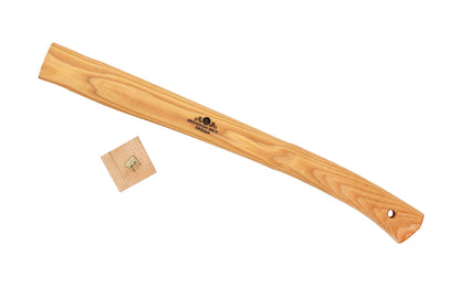 Gränsfors Bruk replacement hickory handle designed for the Hunter's Axe No. 418. The wooden shafts are impregnated with warm linseed oil & beeswax, which increases the quality of the shafts. Includes a wooden wedge & a three-legged iron wedge. Model No. 418H. 7391765418067
