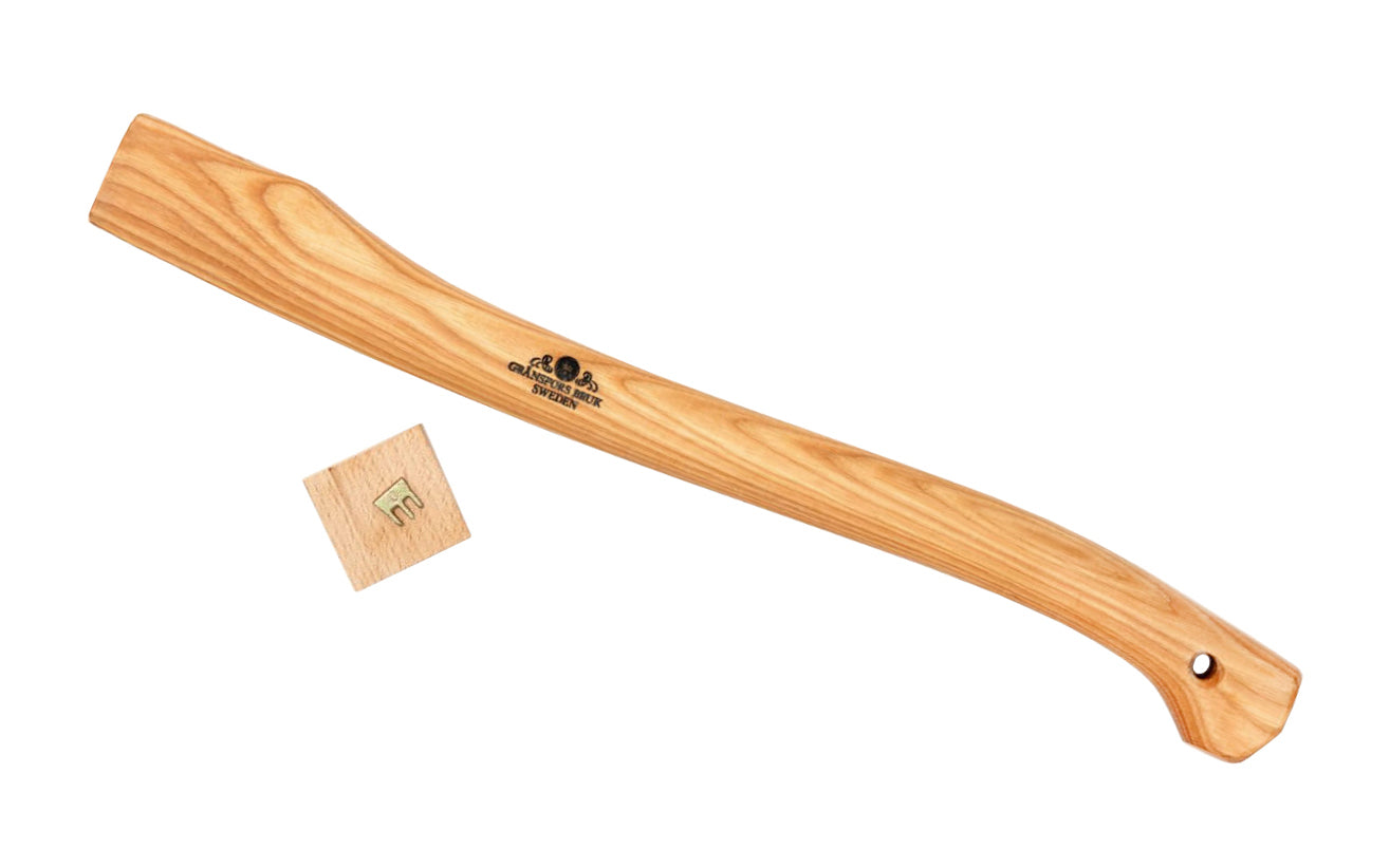 Gränsfors Bruk replacement hickory handle designed for the Small Forest Axe No. 420. The wooden shafts are impregnated with warm linseed oil & beeswax, which increases the quality of the shafts. Includes a wooden wedge & a three-legged iron wedge. Model No. 420H. 7391765420060