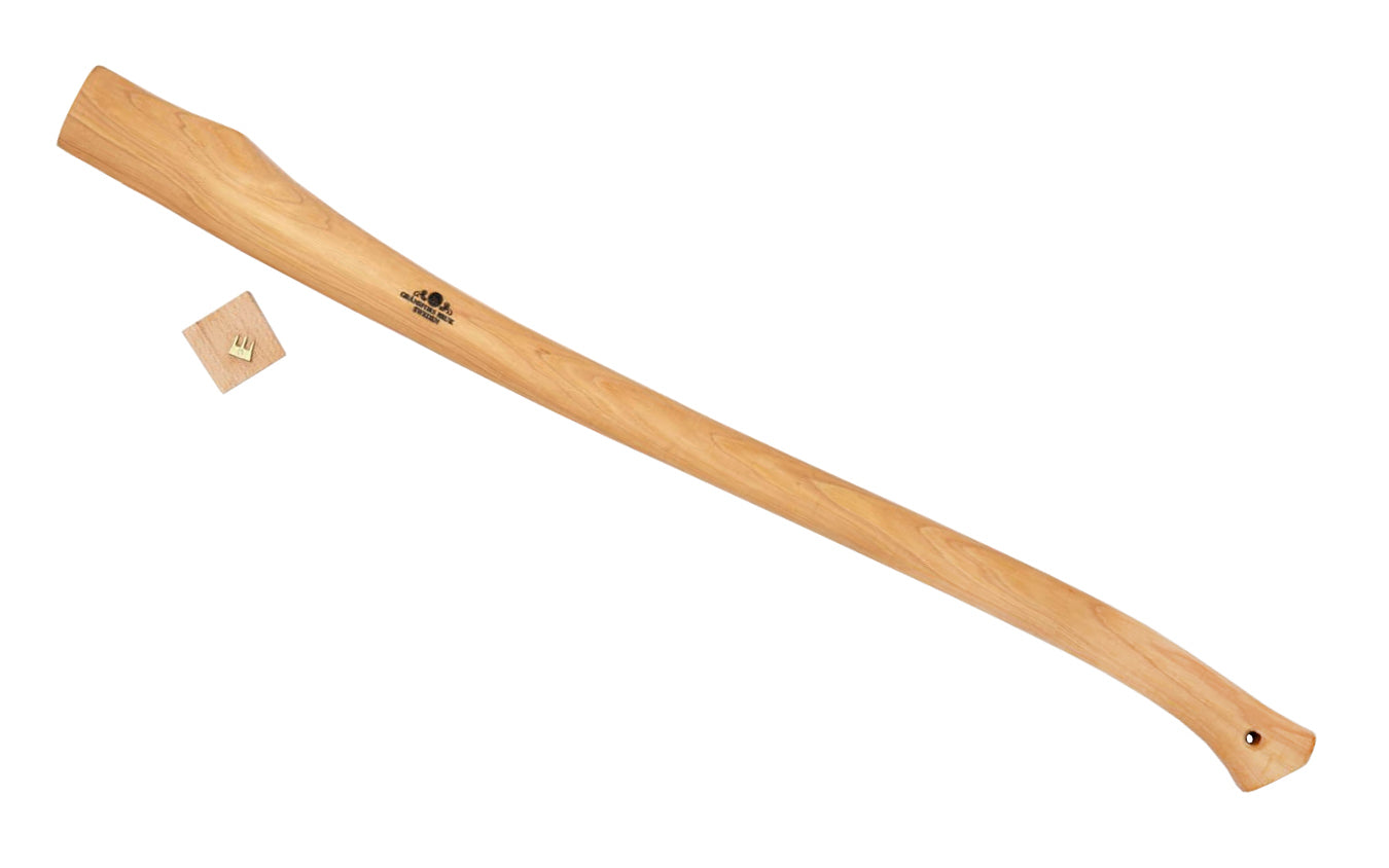 Gränsfors Bruk replacement curved hickory handle is designed for the American Felling Axe No. 434-2 head. Wooden shaft is impregnated with warm linseed oil & beeswax, which increases the quality. American Axe replacement handle includes a wooden wedge & a three-legged iron wedge. Model No. 434-2H. 7391765434265
