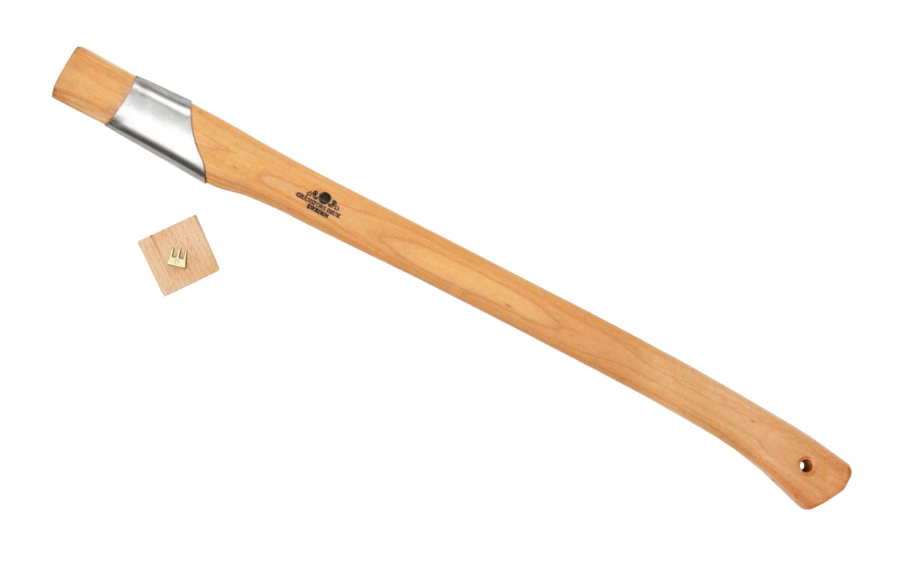 Gränsfors Bruk replacement hickory handle is designed for the Splitting Axe No. 442 head. Wooden shaft is impregnated with warm linseed oil & beeswax, which increases the quality. Gränsfors Bruk replacement handle has a collar guard & includes a wooden wedge & a three-legged iron wedge. Model No. 442H. 7391765442062