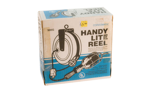 This Cordomatic Handy Lite Reel has 20' (6.1 meters) of 18AWG cord. The cord pulls out to any length, lock & retracts automatically. Mounts on wall or ceiling. 092644353048