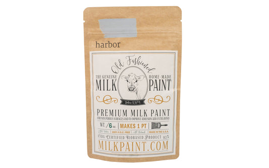 This Milk Paint color is "Harbor" - Soft neutral blue with slight green undertones. Comes in a powder form, you can control how thick/thin you mix the paint. Use it as you would regular paint, thinner for a wash/stain or thicker to create texture. Environmentally safe, non-toxic & is food safe. 100% VOC free. Powder Paint