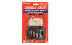HeliColi Drill-Out. Power Broken Bolt & Stud Extractor Set. 1/4" (6 mm), 5/16" (8 mm), 3/8" (10 mm), 1/2" (12 mm) sizes. Model 80-401.  Made in USA. 025964804013
