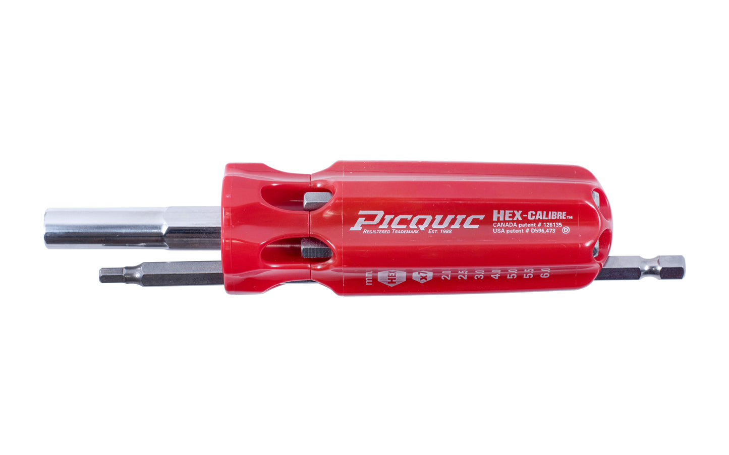 Picquic Model 88153 - Metric "Hex Calibre" with a solid handle for comfort & torque, & has no moving parts. Bits included: 2 mm, 2.5 mm, 3 mm, 4 mm, 5 mm, 5.5 mm, 6 mm size hex bits. Picquic TrueTorx Multi-Bit screwdriver with bit storage in handle. 57369881009. magnetic rare earth magnet holds the working bit in shank