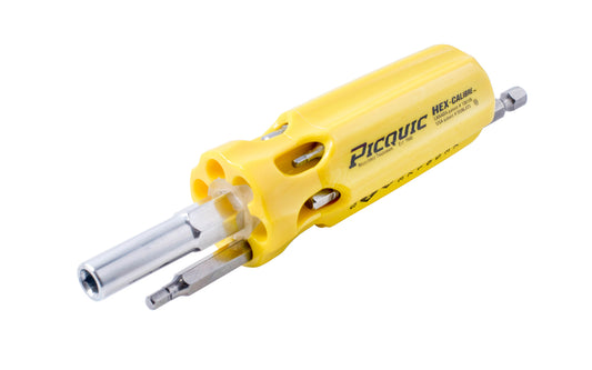 Picquic Model 88151 - "Hex Calibre" with a solid handle for comfort & torque, & has no moving parts. Bits included: 3/32", 7/64", 1/8", 9/64", 5/32", 3/16", 7/32" size hex bits. Picquic TrueTorx Multi-Bit screwdriver with bit storage in handle. 57369881511. magnetic rare earth magnet holds the working bit in shank. 