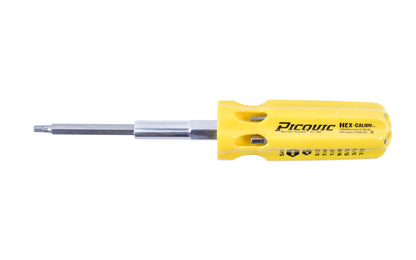 Picquic Model 88151 - "Hex Calibre" with a solid handle for comfort & torque, & has no moving parts. Bits included: 3/32", 7/64", 1/8", 9/64", 5/32", 3/16", 7/32" size hex bits. Picquic TrueTorx Multi-Bit screwdriver with bit storage in handle. 57369881511. magnetic rare earth magnet holds the working bit in shank. 