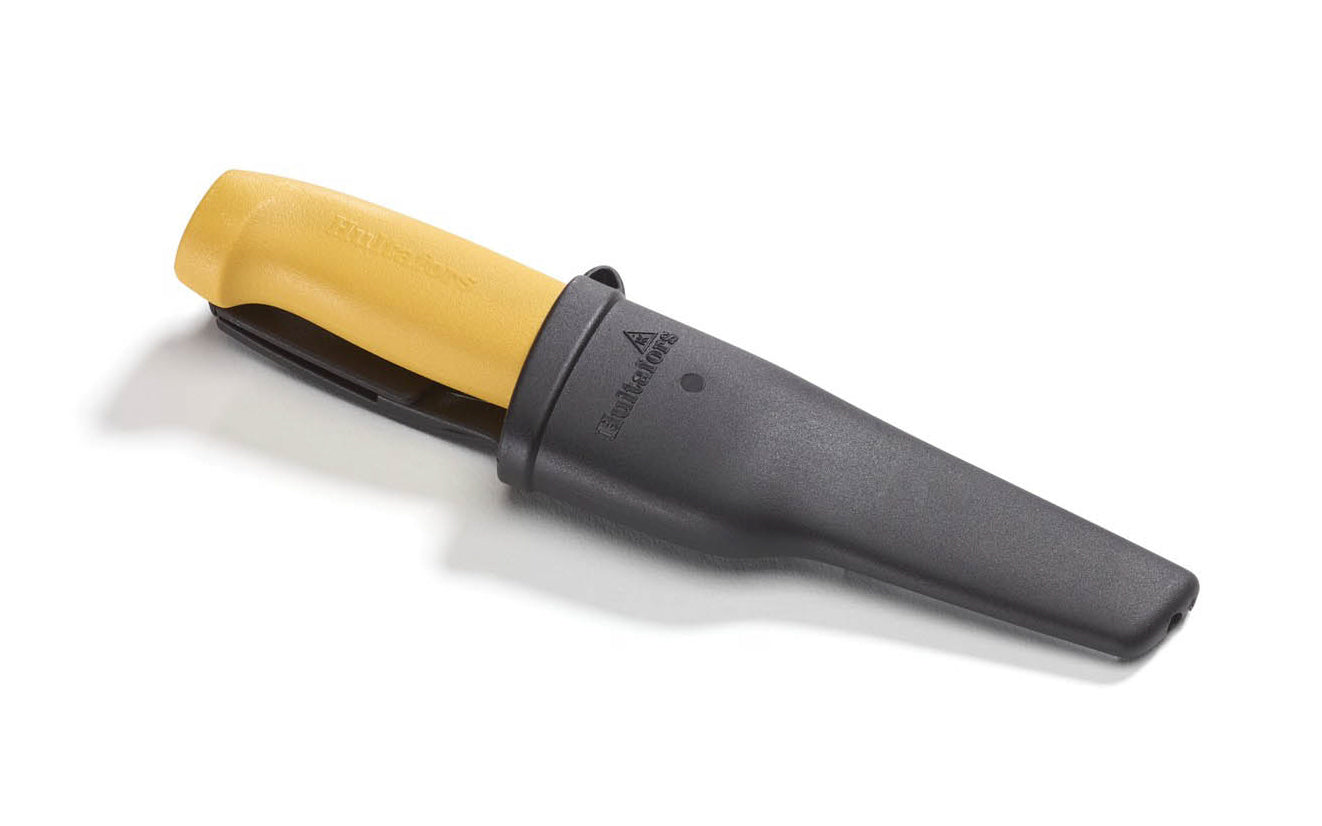 Hultafors robust chisel knife with V-ground chisel function. Model STK - 380070U. Made of high carbon steel. 2-7/8" long blade - 3 mm thick blade. 7/8" blade width. Cutting edge has been sharpened with a double edge angle & a final honing on a leather strop. Back of chisel handle can be hit with hammer. 7315293800712