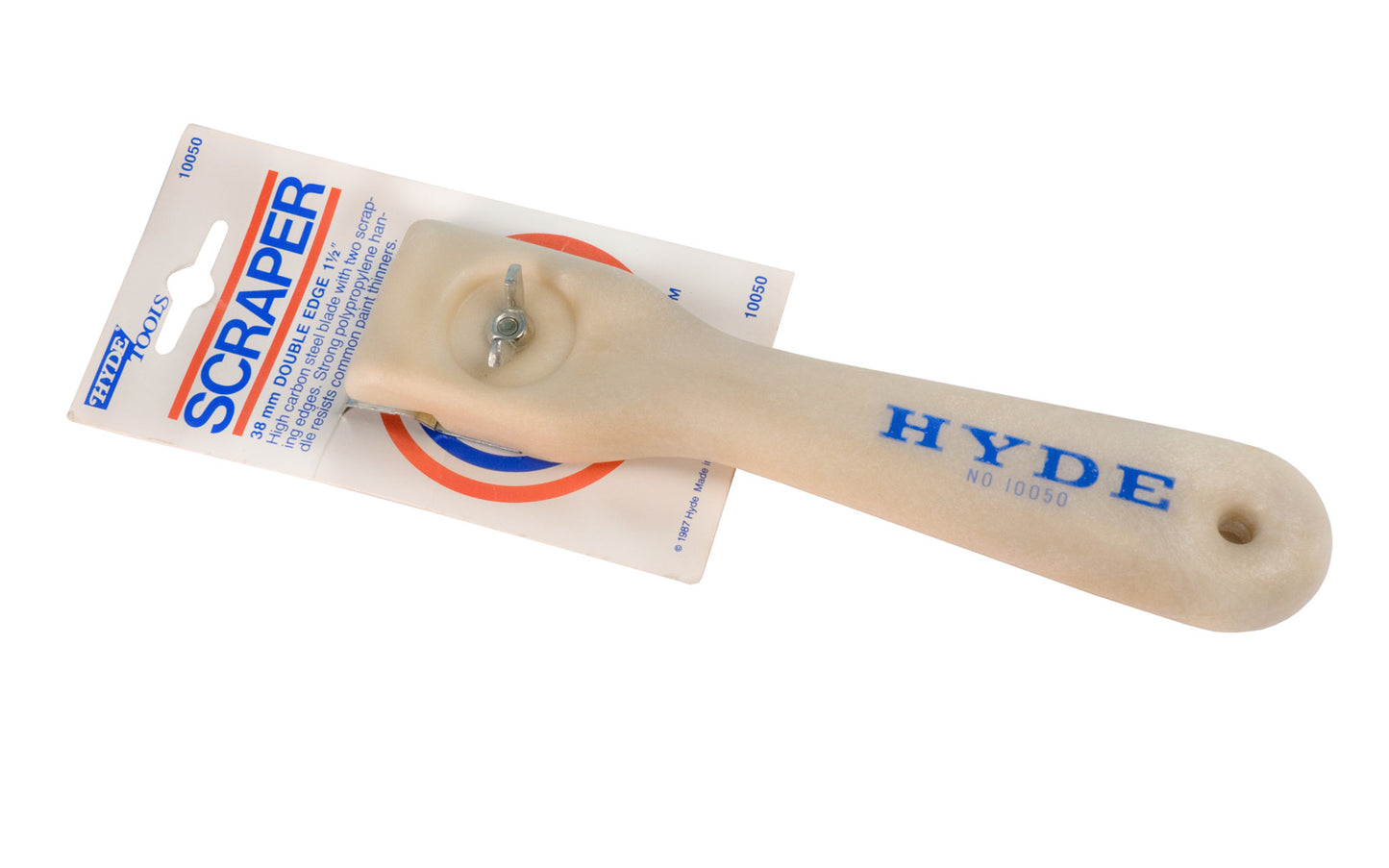 Hyde Tools 1-1/2" Double Edge Scraper - 10050. Strong polypropylene handle resists common paint thinners. High Carbon Steel Blade.  Made in USA. 38 mm blade. 079423100505