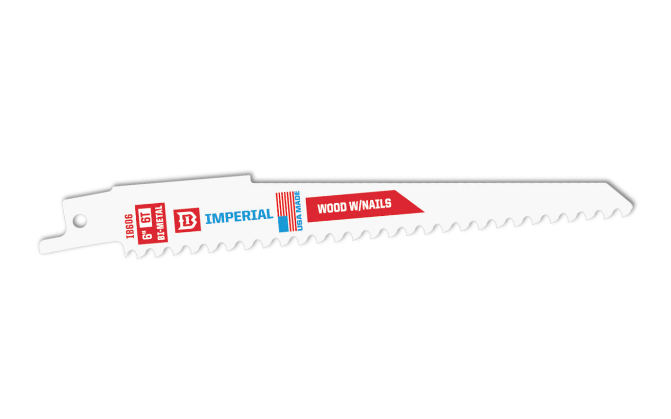 Imperial Blades Standard 6" Bi-Metal 6 TPI Wood & Nails Reciprocating Blade. Tapered blade body for easier plunge cuts. Recommended applications: Wood & Nails, Wood, Wood Composites, PVC. Sold as 1 blade in pack. Made in USA. Model IB606-B. BiMetal blade