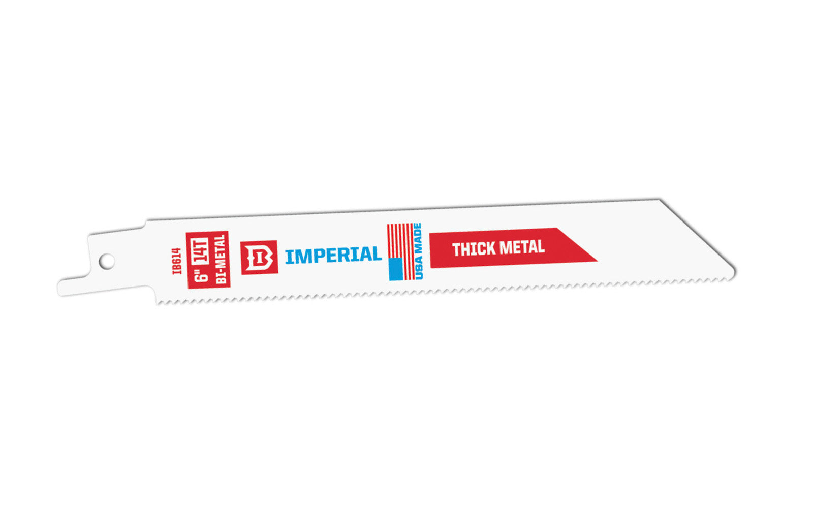 Imperial Blades Standard 6" 14 TPI Thick Metal Reciprocating Blade. Thin .035" kerf  for fast, flexible cuts. Straight blade body for increased beam strength. Recommended applications: Thick Metal (1/4" to 7/16"), Fiber Cement. Sold as 1 blade. Model IB614-B. Bi-Metal Blade. Made in USA.   
