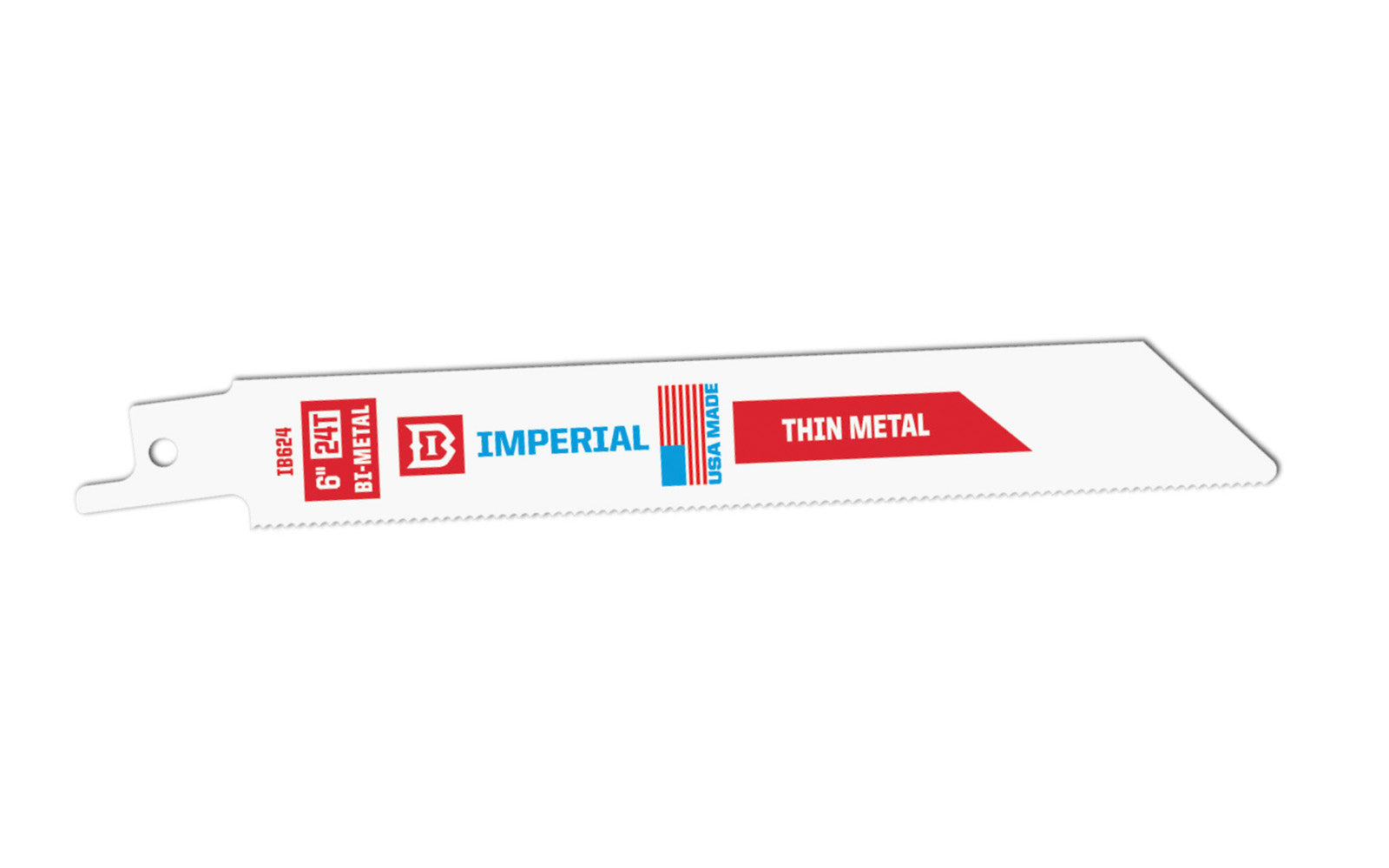 Imperial Blades Standard 6" 24 TPI Thin Metal Reciprocating Blade. Thin .035" kerf  for fast, flexible cuts. Straight blade body for increased beam strength. Recommended applications: Copper Pipe, Thin Metal (< 1/8″). Sold as 1 blade. Model IB624-B. Bi-Metal blade. Made in USA.   