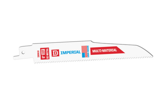 Imperial Blades Demolition 6" BiMetal 10 TPI Multi-Material Reciprocating Blade. Optimal for rough-in cutting a wide range of demolition materials on the construction site. Recommended applications:  Wood & Nails, Fiber Cement, Wood, Wood Composites, PVC, Rubber. Model IBD610-B. Made in USA. Bi-Metal blade