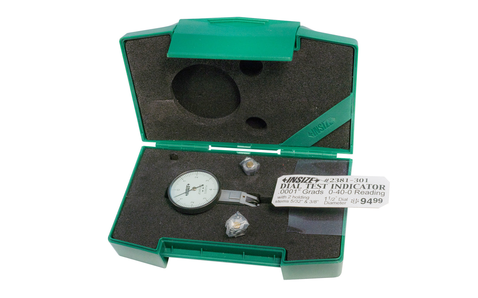 Insize Dial Test Indicator. 0.0001" Grads. 1-1/2" dial diameter. With two holding stems 5/32" & 3/8". Insize Model 2381-301.