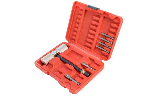 American-made 8-piece Screwdriver T-Handle Set made by Insty-Bit. Includes T-Handle Screwdriver Handle, 6" long quick change extension, quick change #1  &  #2 phillips bits, #6-#8 slotted bits, 1/4" & 3/8" socket adaptor bits. Plastic case included. Made in USA. Insty-Bit Model 87600. 8 PC Set. InstyBit Screwdriver Set