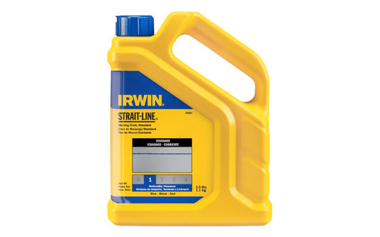 This Irwin Strait-Line 2.5 lbs Standard Blue Marking Chalk is designed for reel type chalk line boxes. Fast fill spout. For interior or exterior use on surfaces including wood, drywall, concrete, stone, & metal. Standard - Marks are temporary. Model No. 65201. Blue color chalk. 2-1/2 lbs. 024721652010