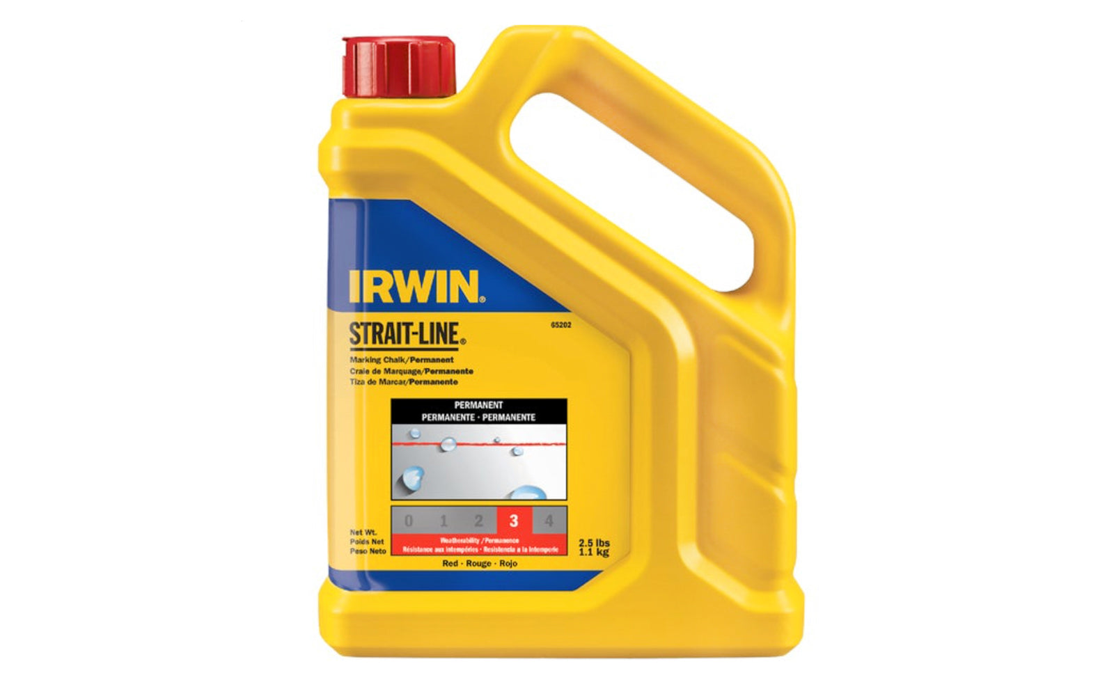 Irwin Strait-Line 2.5 lbs Permanent Red Marking Chalk is designed for reel type chalk line boxes. Fast fill spout. Permanent, Visible after weeks of weather exposure & jobsite wear. For exterior use on surfaces including wood, drywall, concrete, stone, & metal. Red color chalk. 2-1/2 lbs container. Model 65202.