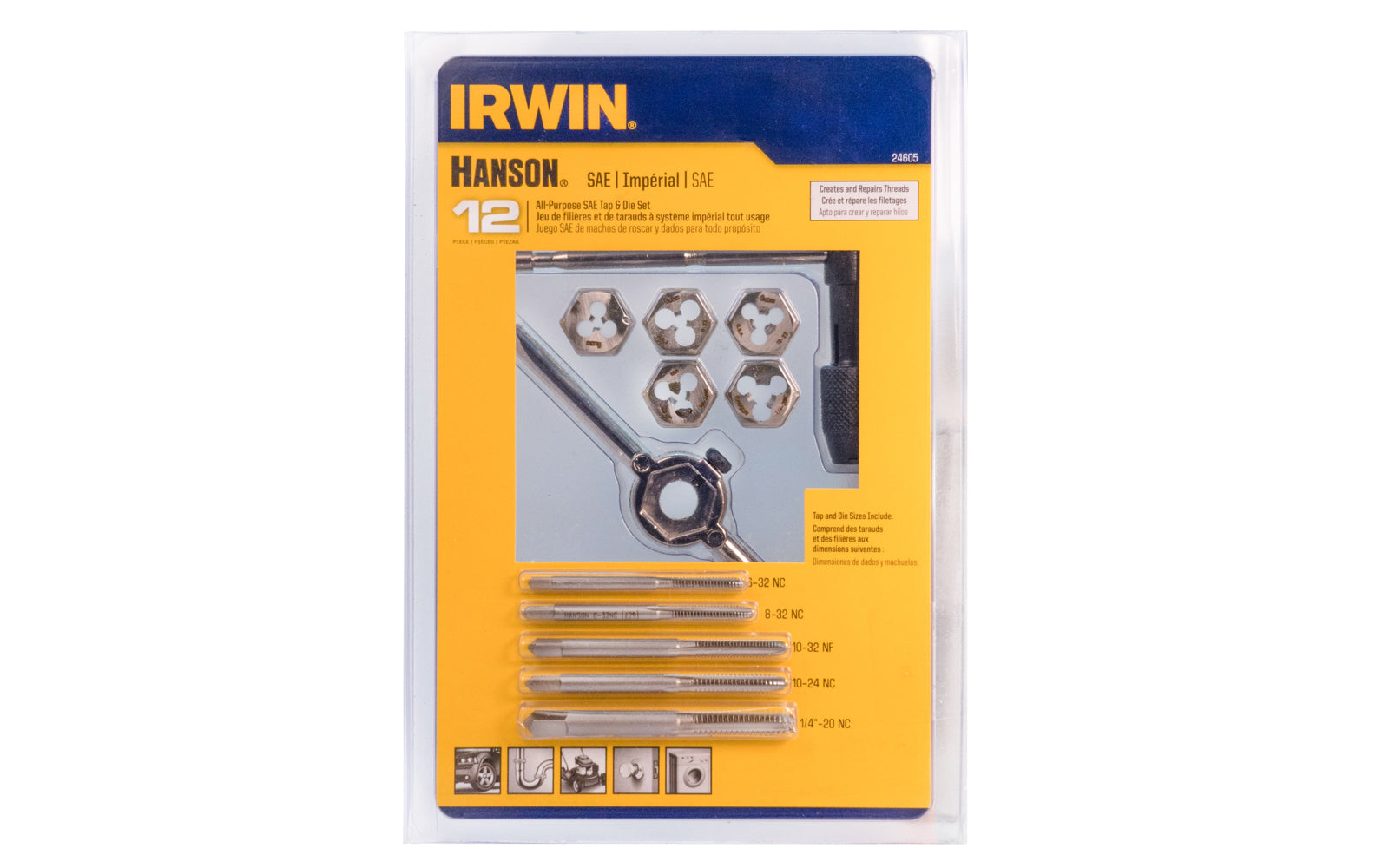 Irwin Hanson 12 PC SAE Tap & Die Set - 24605 includes the following items: Machine Screw Plug Tap and 5/8" Hexagon Dies in sizes: 6-32 NC, 8-32 NC, 10-24 NC, 10-32 NF. Fractional Plug Tap and 5/8 " Hexagon Dies in size: 1/4-20 NC. T-Handle Tap Wrench. 042526246050