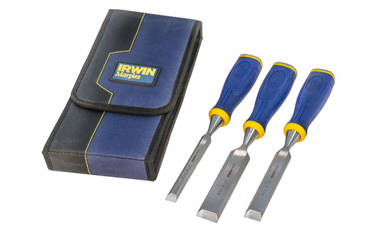 3-piece Irwin Marples construction chisel set is made of premium quality steel for superior sharpness & edge retention. Large strike cap to withstand hammer impacts. Chisel blade guards for protection & a soft case for storage - 1/2" (12mm), 3/4" (18 mm), & 1" (25 mm) sizes - Irwin three piece Construction chisel set - Model 1768781