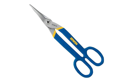 Irwin 12-3/4" Tinner Snips - Ducktail Blade Cuts Straight & Tight Curves. Precision-ground edges on blades ensure a tight grip on each cut for superior cutting quality. Hot drop-forged steel blades provide maximum strength and long life. Handle grips provide superior comfort & resist twisting. Model 23012. Tin Snips