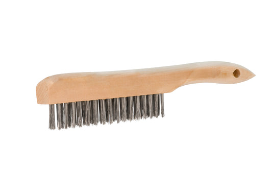 10" long carbon steel wire scratch brush with the filling material is staple set in a durable. For general cleaning of many & various applications, including for use in shop, refinishing, stripping paint on home furniture, or for cleaning parts. 10" length brush - Wooden Shoe handle. 5" length of bristles