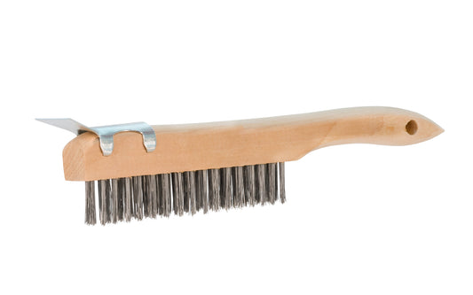 10" long carbon steel wire scratch brush & scraper with the filling material is staple set in a durable. For general cleaning of many & various applications, including for use in shop, refinishing, stripping paint on home furniture, or for cleaning parts. 10" length brush - Wooden Shoe handle. 5" length of bristles