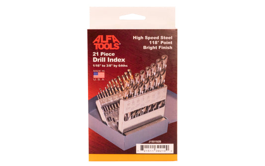 21-Piece HSS Drill Index - 1/16" to 3/8" by 64ths. General purpose drill bit set with conventional 118° point angle. Designed for drilling in a wide range of materials. Bright finish bits provide good chip ejection in low carbon or soft materials. High speed steel jobber twist drill bits. Drill Bit Set. Made in USA.