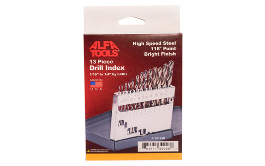 13-Piece HSS Drill Index - 1/16" to 1/4" by 64ths. General purpose drill bit set with conventional 118° point angle. Designed for drilling in a wide range of materials. Bright finish bits provide good chip ejection in low carbon or soft materials. High speed steel jobber twist drill bits. Drill Bit Set. Made in USA. Alfa Tools.