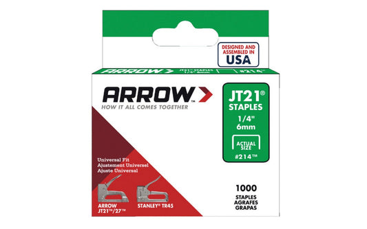 Arrow’s JT21 Light Duty 1/4" Staples - 1000 PK utilize a thinner wire in a smaller staple format but still they deliver great holding power. Exceptionally easy to fire, making JT21 staples a favorite with crafters, DIYers. Ideal for indoor applications. 1/4" (6 mm). Item No. 214. 1000 staples in pack. 079055021148