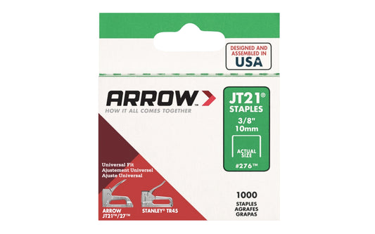 Arrow’s JT21 Light Duty 3/8" Staples - 1000 PK utilize a thinner wire in a smaller staple format but still they deliver great holding power. Exceptionally easy to fire, making JT21 staples a favorite with crafters, DIYers. Ideal for indoor applications. 3/8" (10 mm). Item No. 276. 1000 staples in pack. 079055027386