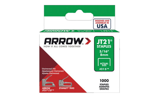 Arrow’s JT21 Light Duty 5/16" Staples - 1000 PK utilize a thinner wire in a smaller staple format but still they deliver great holding power. Exceptionally easy to fire, making JT21 staples a favorite with crafters, DIYers. Ideal for indoor applications. 5/16" (8 mm). Item No. 215. 1000 staples in pack. 079055215165