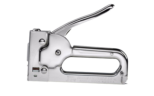 Arrow JT21CM Professional Light Duty Staple Gun features an all chromed steel housing, jam-resistant mechanism, proven rear load magazine. A rugged coil spring. Great for general repairs, professional uses, upholstery, decorating, crafts. Works with Arrow JT21 staples. Arrow Fastener Model JT21CM. 079055002116