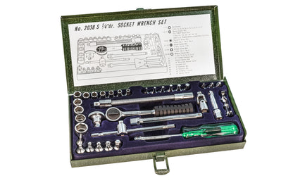 38 piece Japanese Socket Wrench & Bit Set - 1/4" Drive. ALLEN, POZIDRIVE, SLOTTED, PHILLIPS, BALLPOINT SOCKET bits. 38 pc set. Includes metal box. 6" Flexible Extension Bar. 5" Reversible Ratchet Handle. Chrome Vanadium Steel. 1/4" Dr sockets. Sliding T-Handle. Spinner Handle. Universal Joint. Extensions. Made in Japan