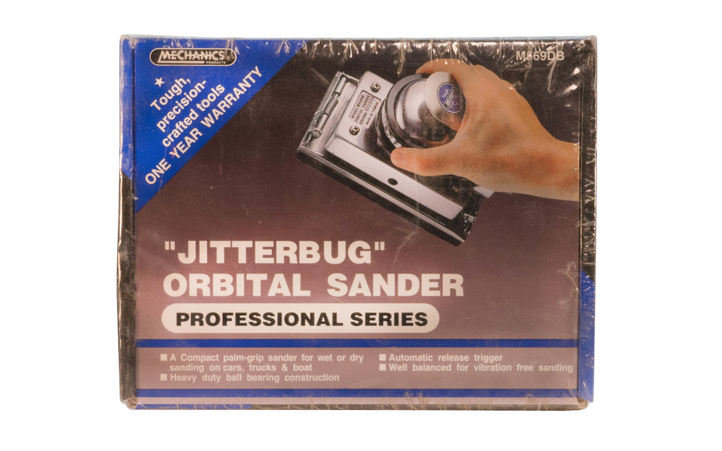 This "Jitterbug" Orbital Sander is a compact palm-grip sander designed for wet or dry sanding on cars, trucks, & boats. Heavy duty ball bearing construction. Automatic release trigger. Well balanced for vibration free sanding. 3-3/4" x 9" paper size. Orbital Stroke 3/16". 90 PSI. 039564505690. Mechanics Products