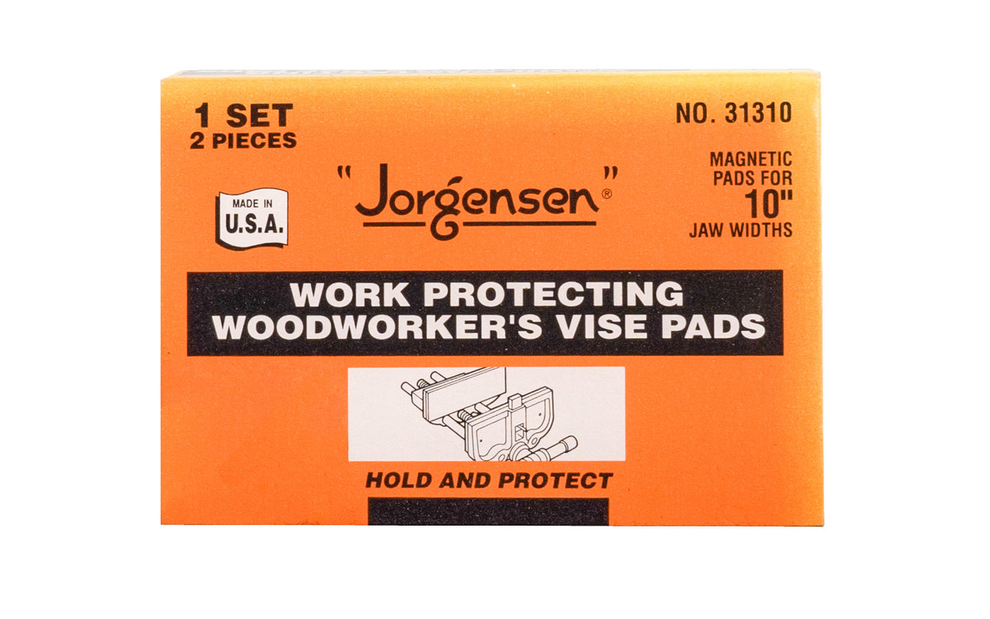 These Jorgensen Work Protecting Woodworker's Vise Pads are magnetic felt-covered laminated wood pads designed for providing a protective cushion against damage to work. Pads are designed for 10" width vise jaws. Made in USA.  Sold as one pair. Model 31310. 044295313100. Felt-covered laminated wood pads