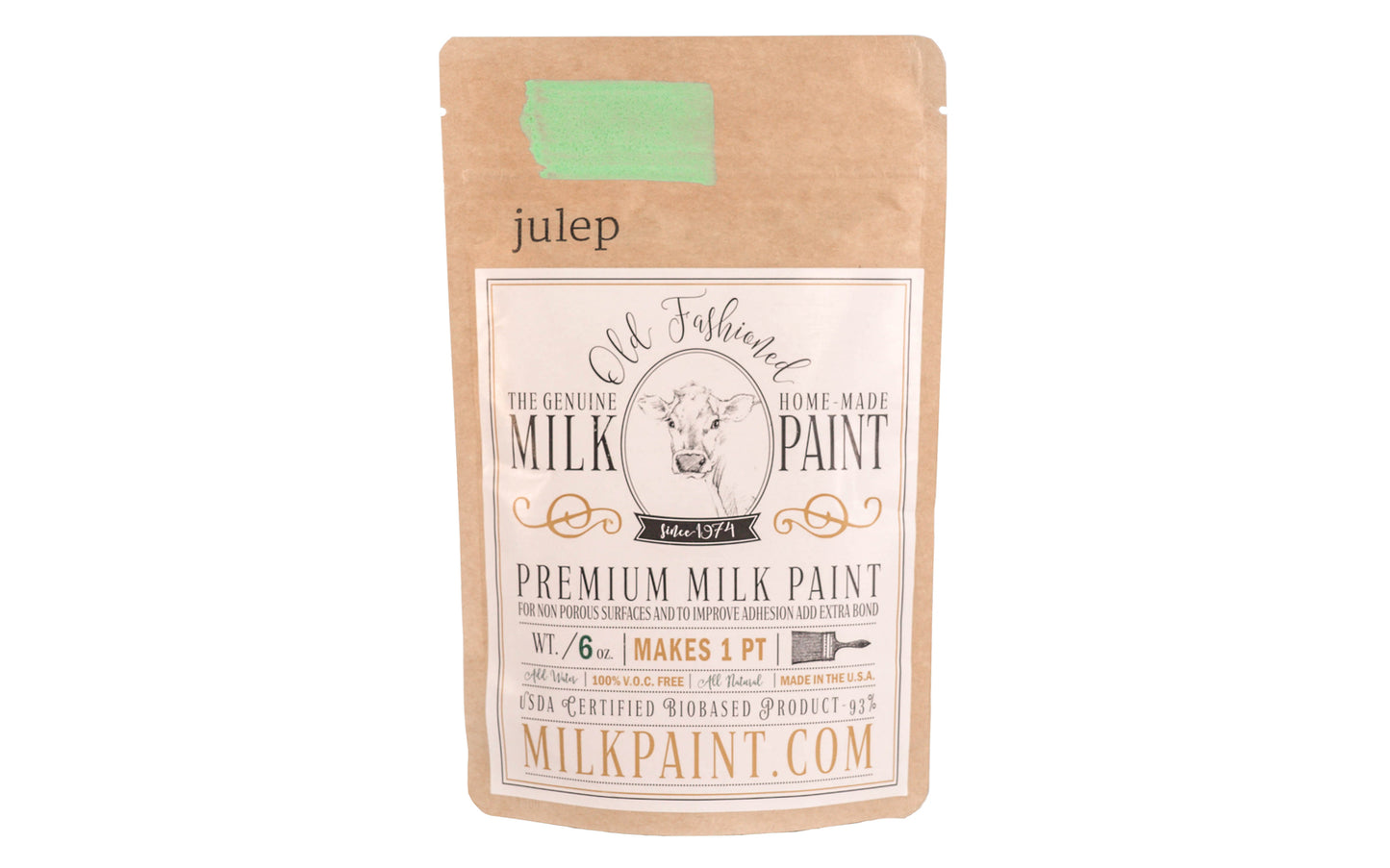 This Milk Paint color is "Julep" - Bright light green. Comes in a powder form, you can control how thick/thin you mix the paint. Use it as you would regular paint, thinner for a wash/stain or thicker to create texture. Environmentally safe, non-toxic & is food safe. 100% VOC free. Powder Paint
